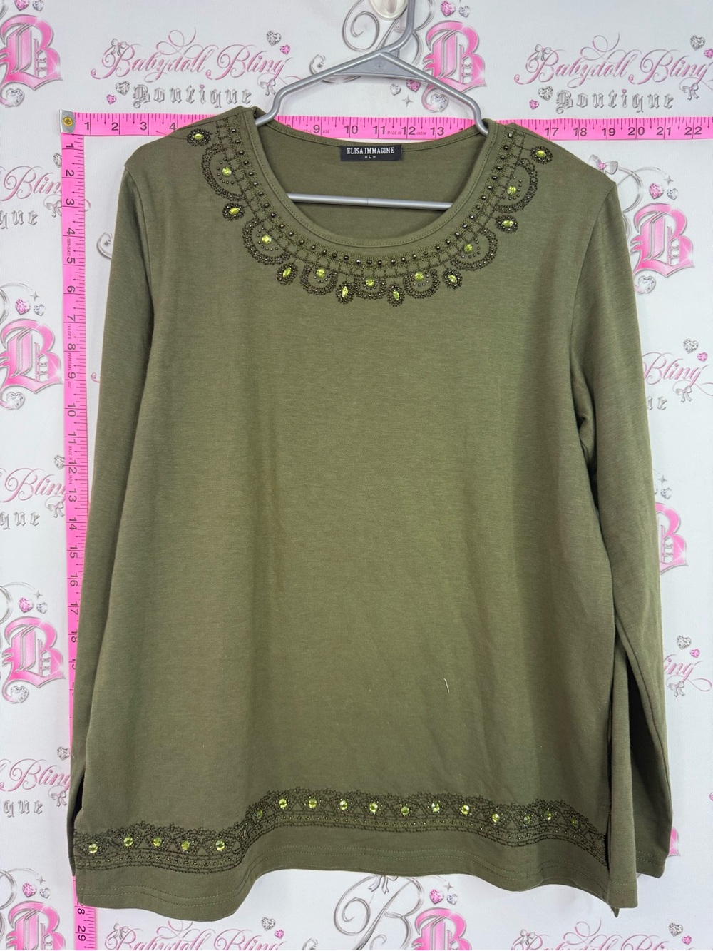 Elisa immagine top long sleeve beaded Embellished Olive Long Sleeve Tee by
